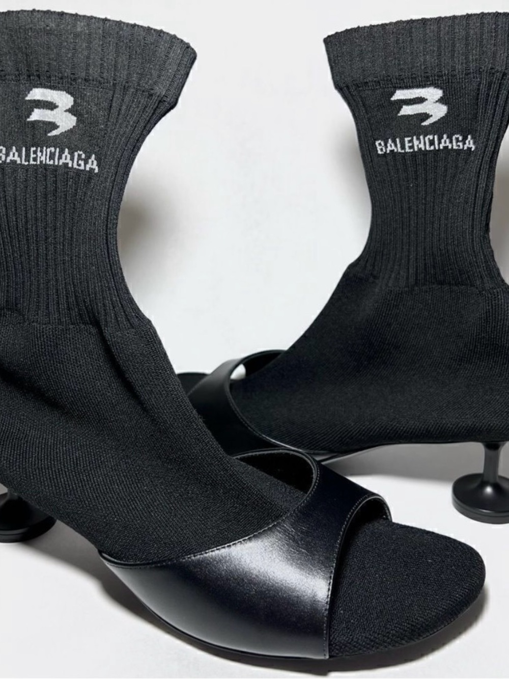 Balenciaga Black Knit Sock-Heel Mule with Logo - Picture 2 of 7